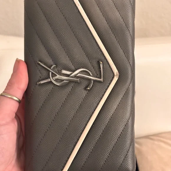 Saint Laurent YSL Cassandre Chevron Quilted Grey Leather Long Wallet W/ COA - Picture 2 of 15